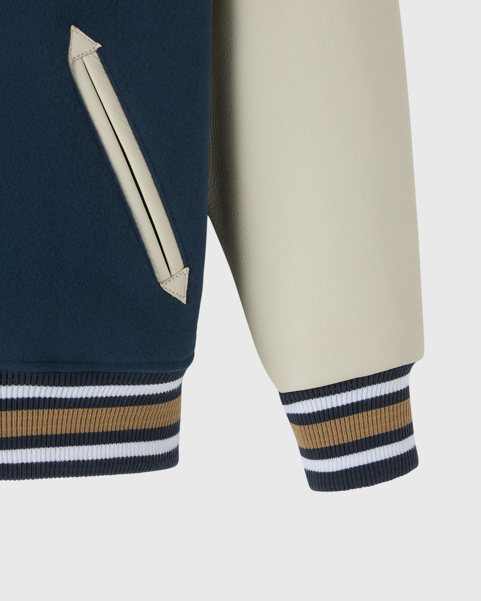 Las vegas golden knights navy and cream full snap wool leather varsity jacket