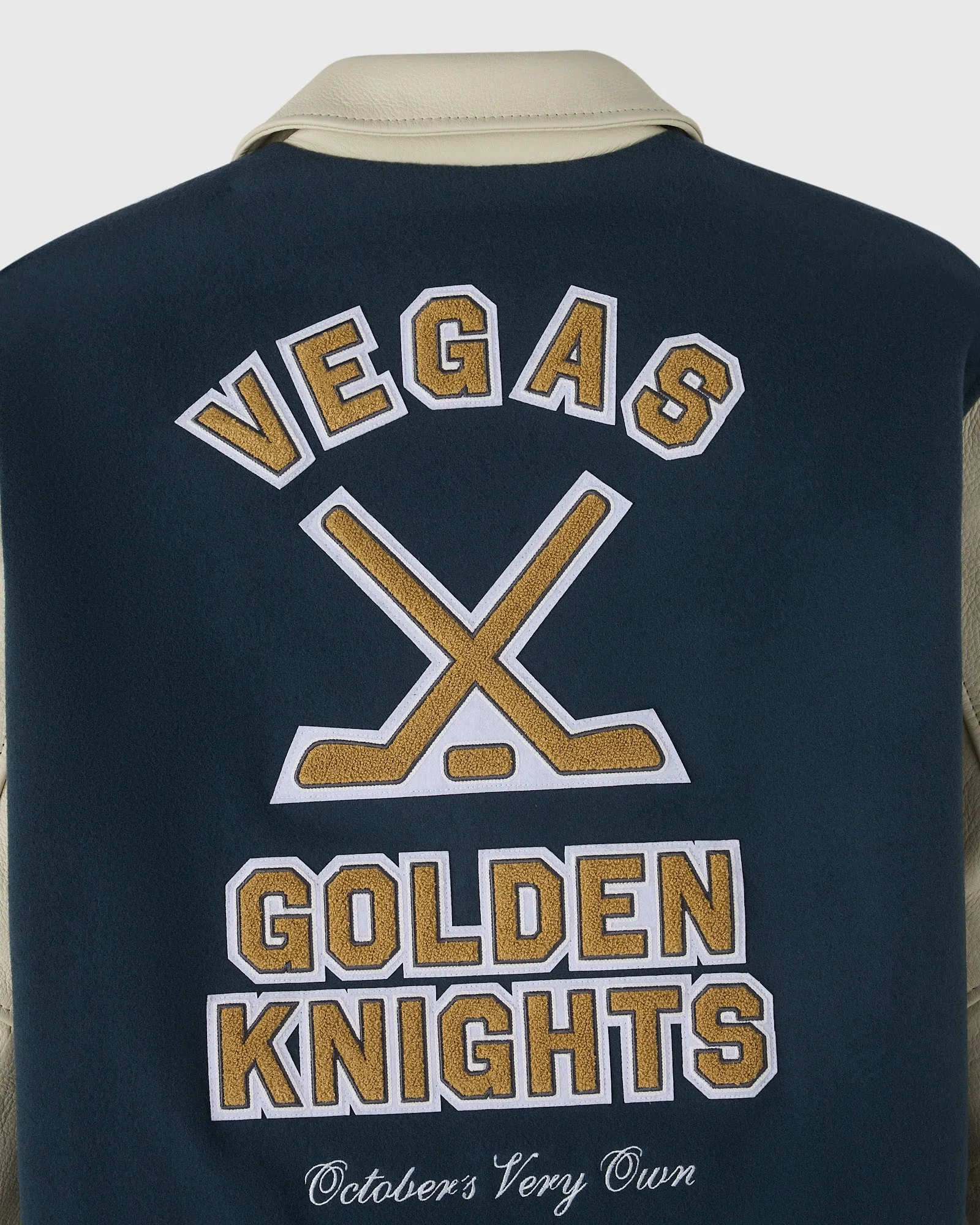 Las vegas golden knights navy full snap wool leather varsity jacket