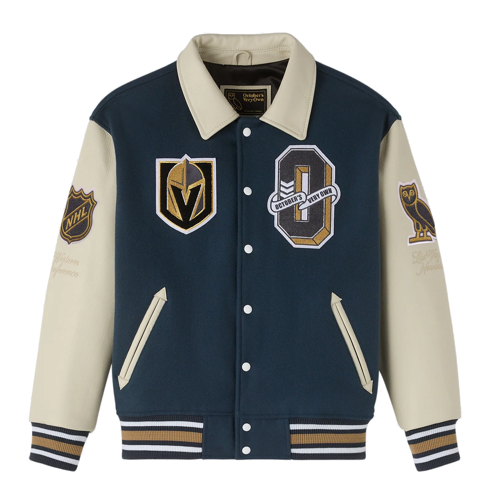 Las vegas golden knights navy full snap wool varsity jacket