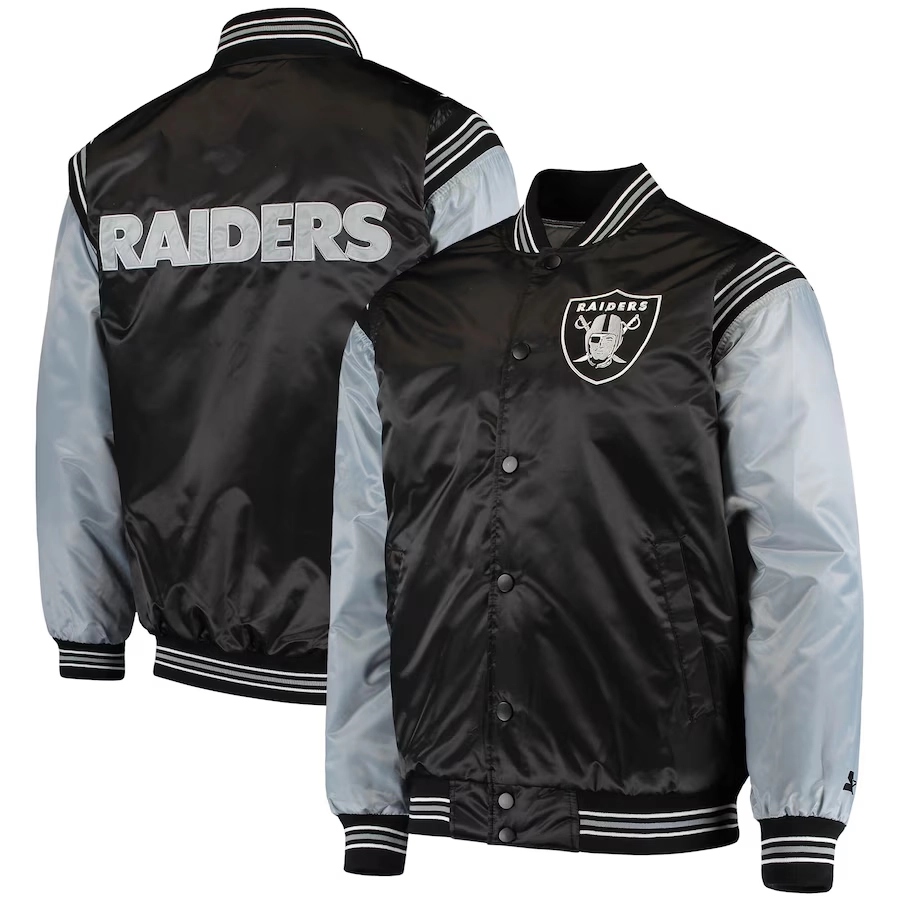 Las vegas raiders enforcer full snap satin varsity jacket blackgary 1