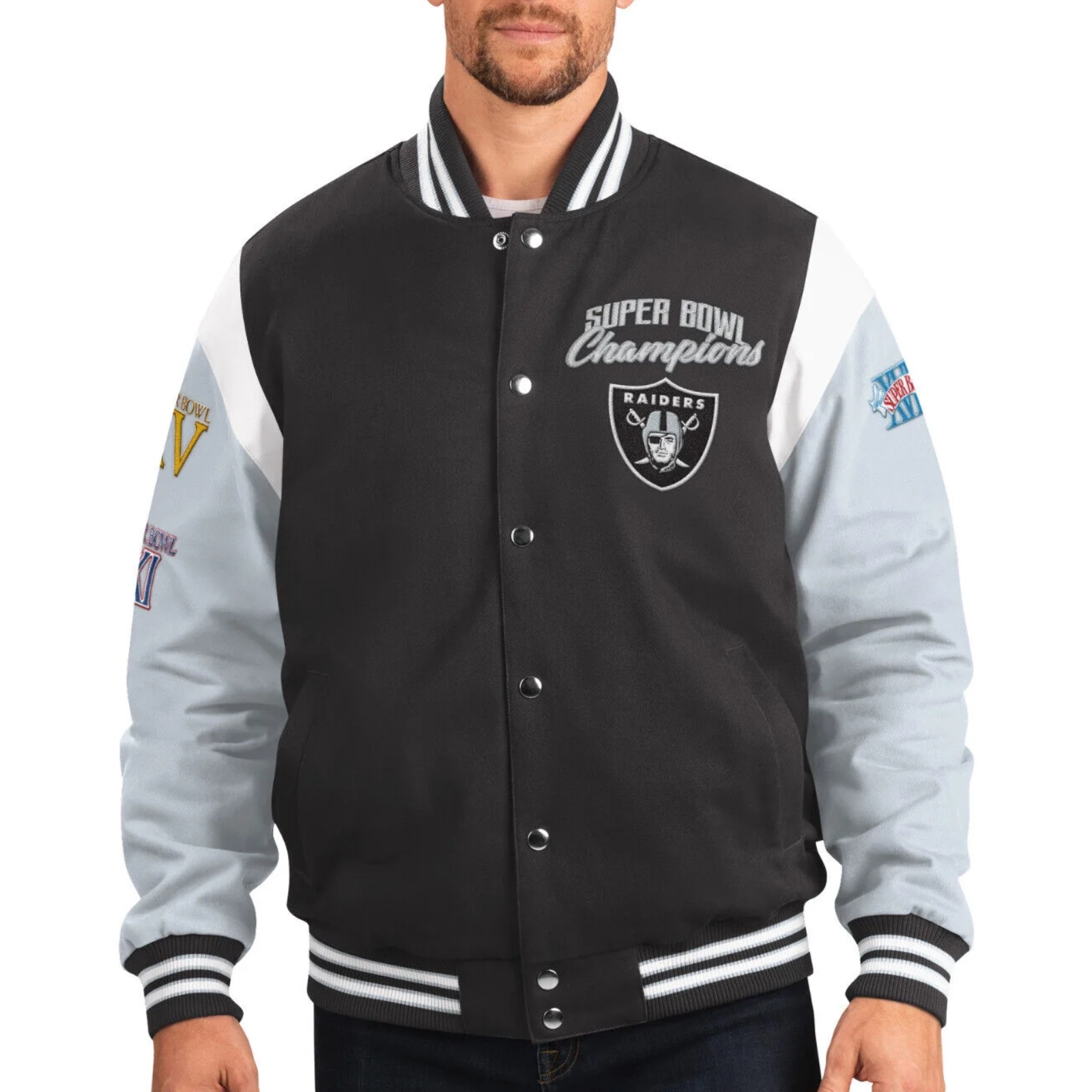 Las vegas raiders franchise black and grey wool varsity jacket 1