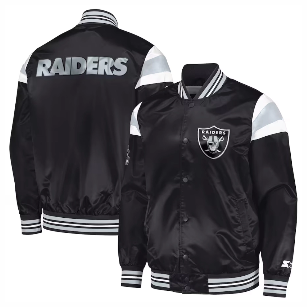 Las vegas raiders full snap satin varsity jacket black 1
