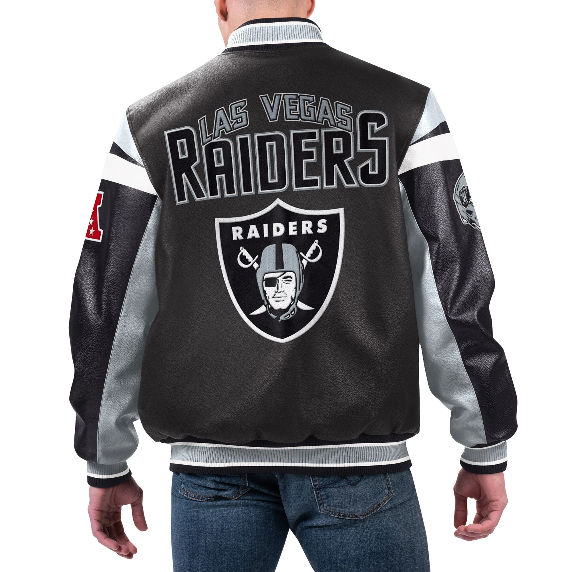 Las vegas raiders full zip leather varsity jacket black 1 1