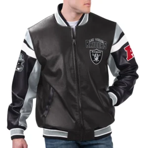 Las vegas raiders full zip leather varsity jacket black 1