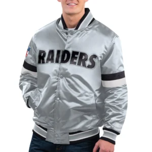 Las vegas raiders gridiron classics home game satin varsity jacket gray 1