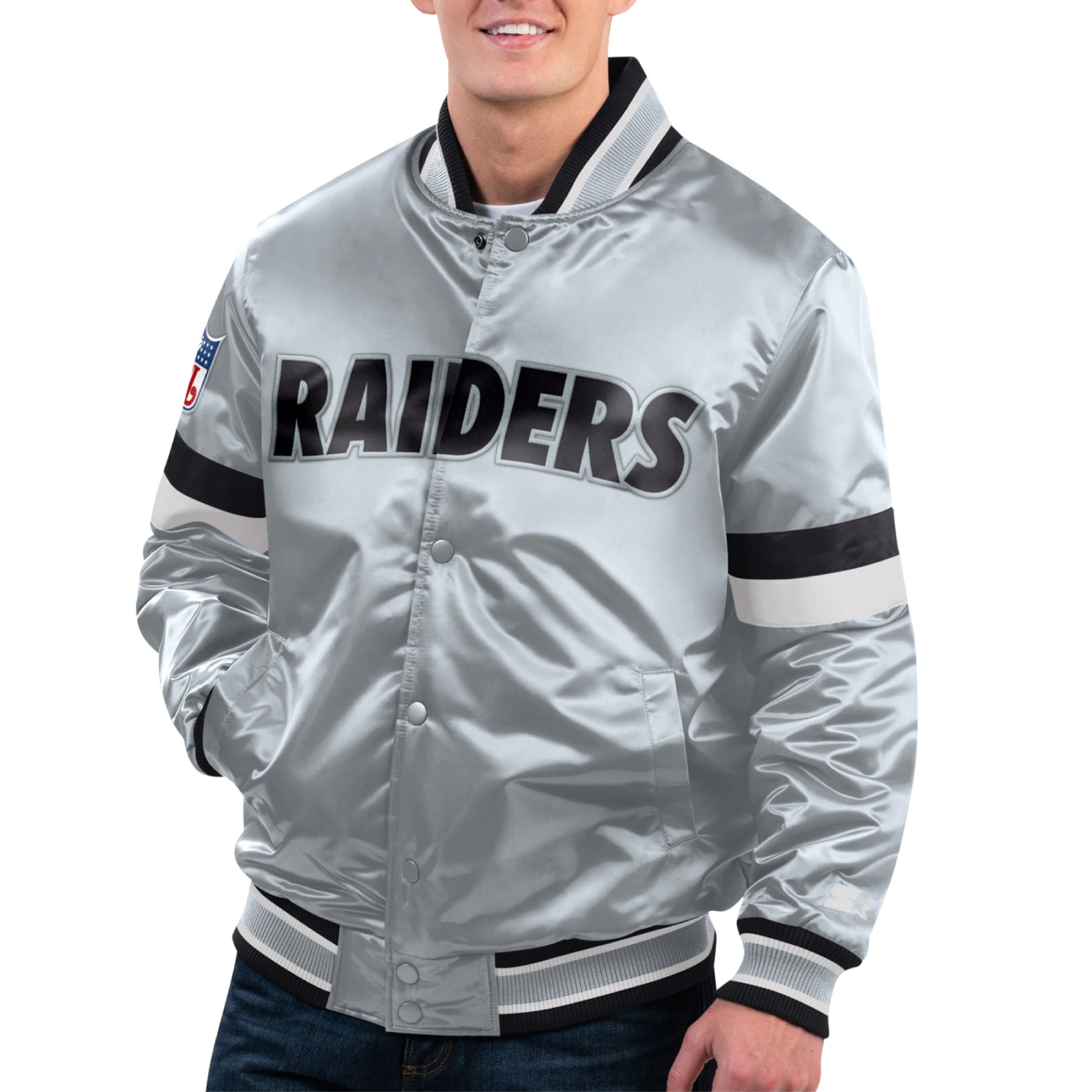 Las vegas raiders gridiron classics home game satin varsity jacket gray 1