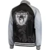Las vegas raiders lead off full snap satin varsity jacket blackgray 1