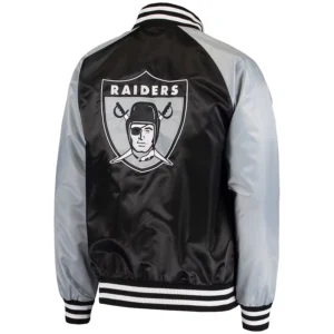 Las vegas raiders lead off full snap satin varsity jacket blackgray 1