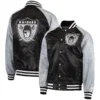 Las vegas raiders lead off full snap satin varsity jacket blackgray 3