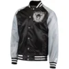 Las vegas raiders lead off full snap satin varsity jacket blackgray 4