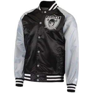 Las vegas raiders lead off full snap satin varsity jacket blackgray 4