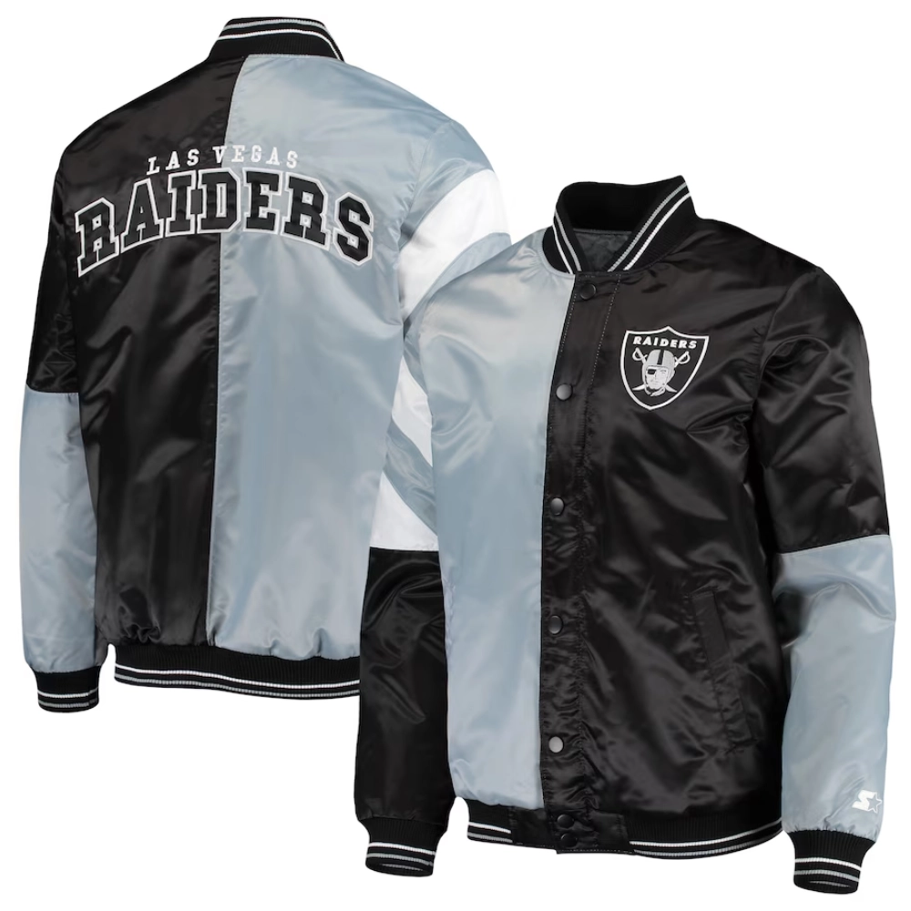 Las vegas raiders leader satin varsity jacket grey black 3