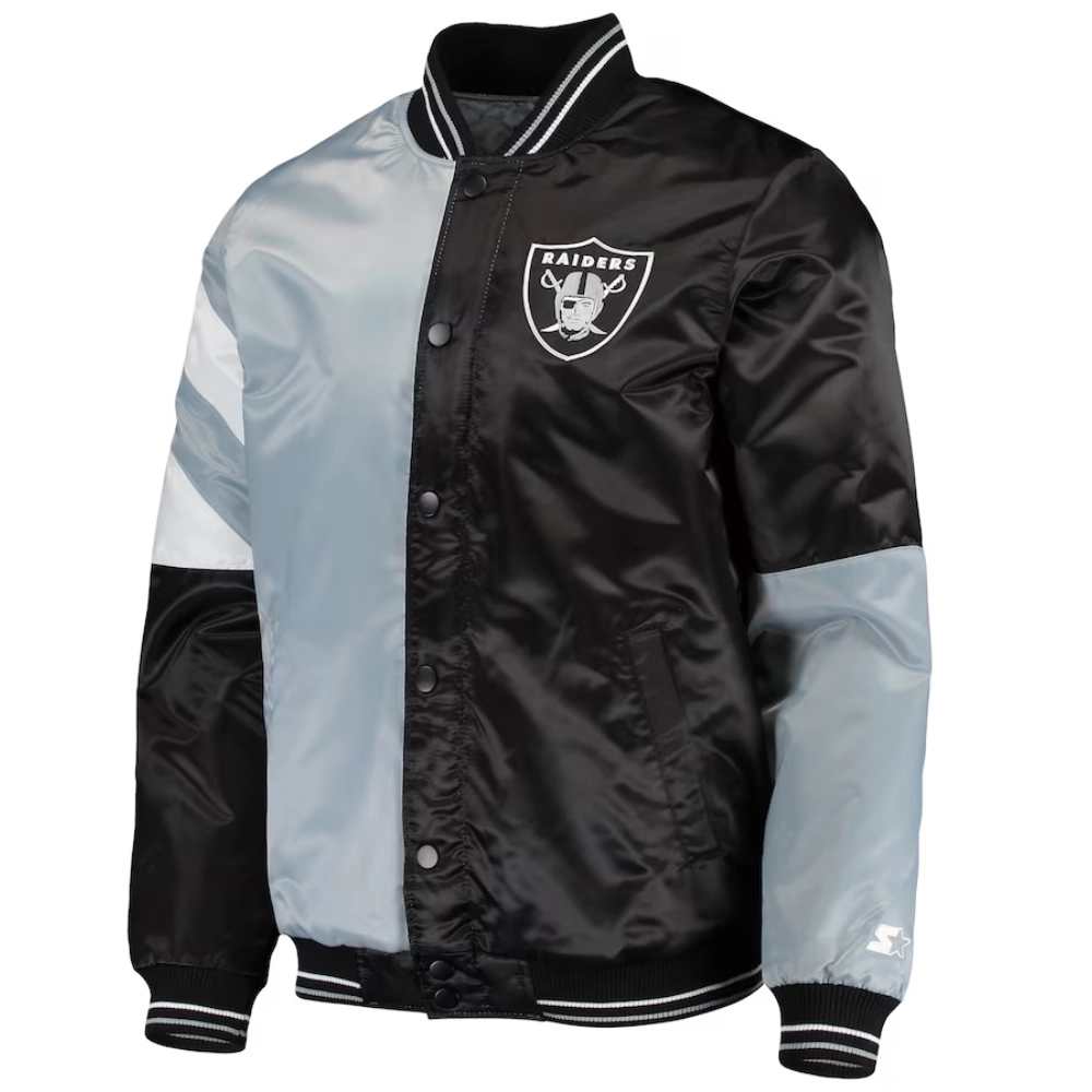 Las vegas raiders leader satin varsity jacket grey black