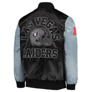 Las vegas raiders locker room throwback satin varsity jacket black grey 1