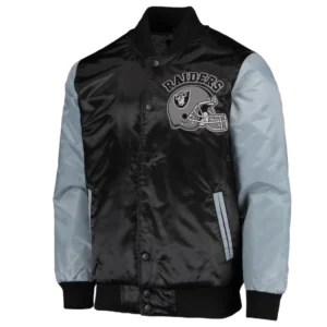 Las vegas raiders locker room throwback satin varsity jacket black grey 2