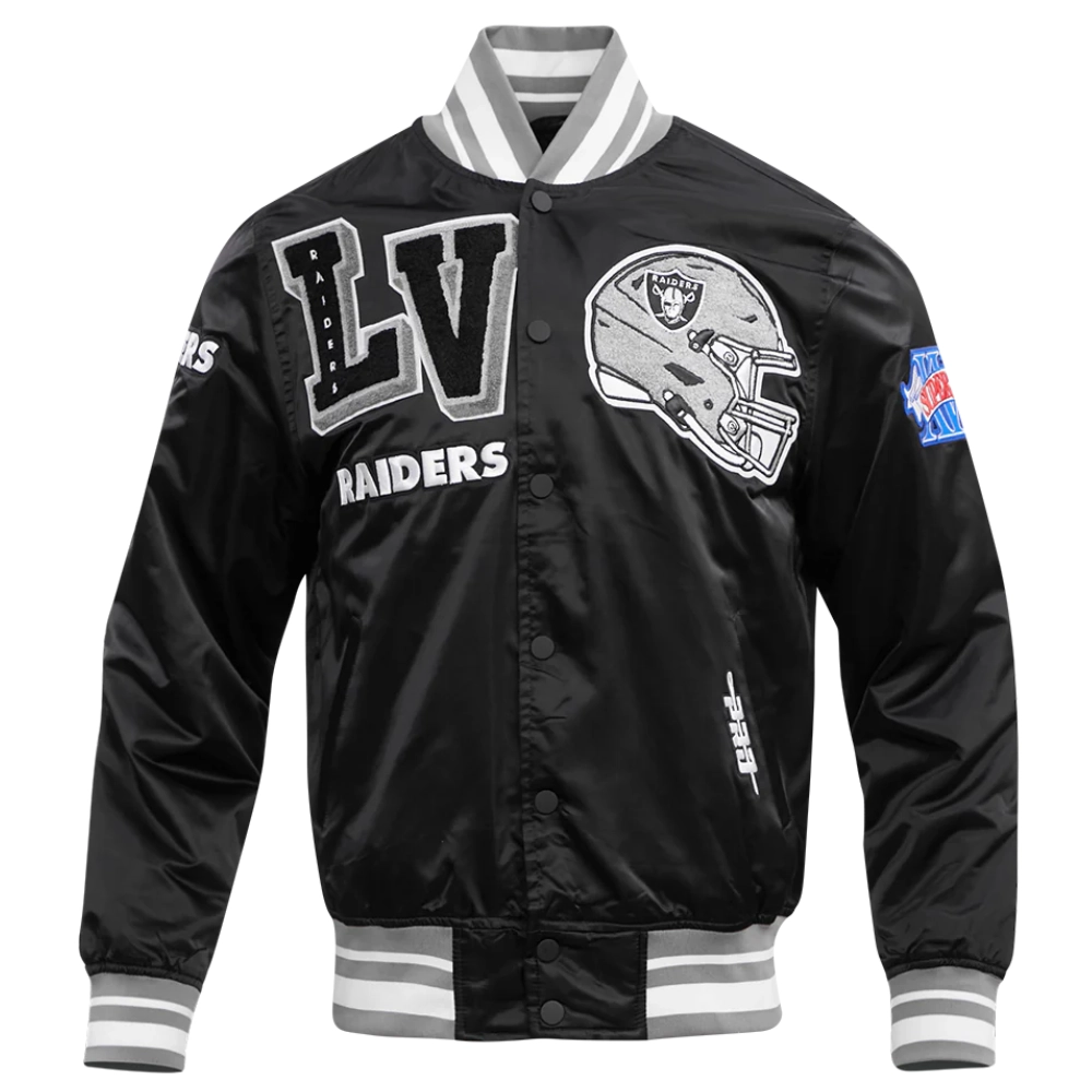 Las vegas raiders mashup full snap satin varsity jacket black 5