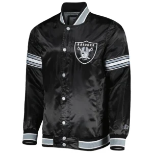 Las vegas raiders midfield full snap satin varsity jacket black 1