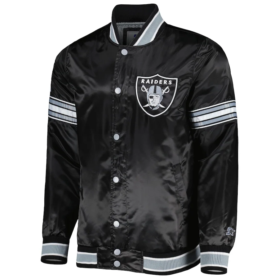 Las vegas raiders midfield full snap satin varsity jacket black 1