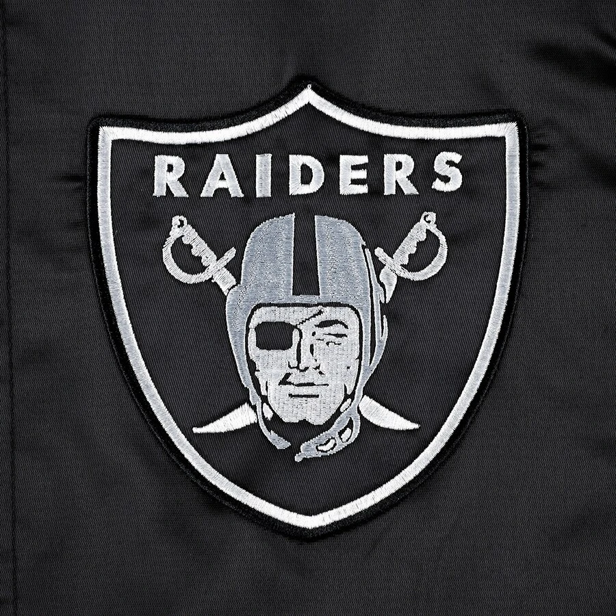 Las vegas raiders midfield full snap satin varsity jacket black 3