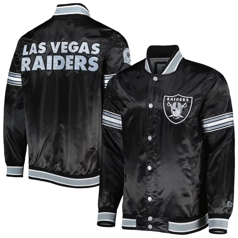 Las vegas raiders midfield full snap satin varsity jacket black 4