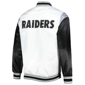 Las vegas raiders pitch full snap satin varsity jacket white black 1