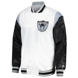 Las vegas raiders pitch full snap satin varsity jacket white black 2