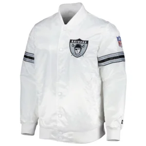 Las vegas raiders power forward full snap satin varsity jacket white 1