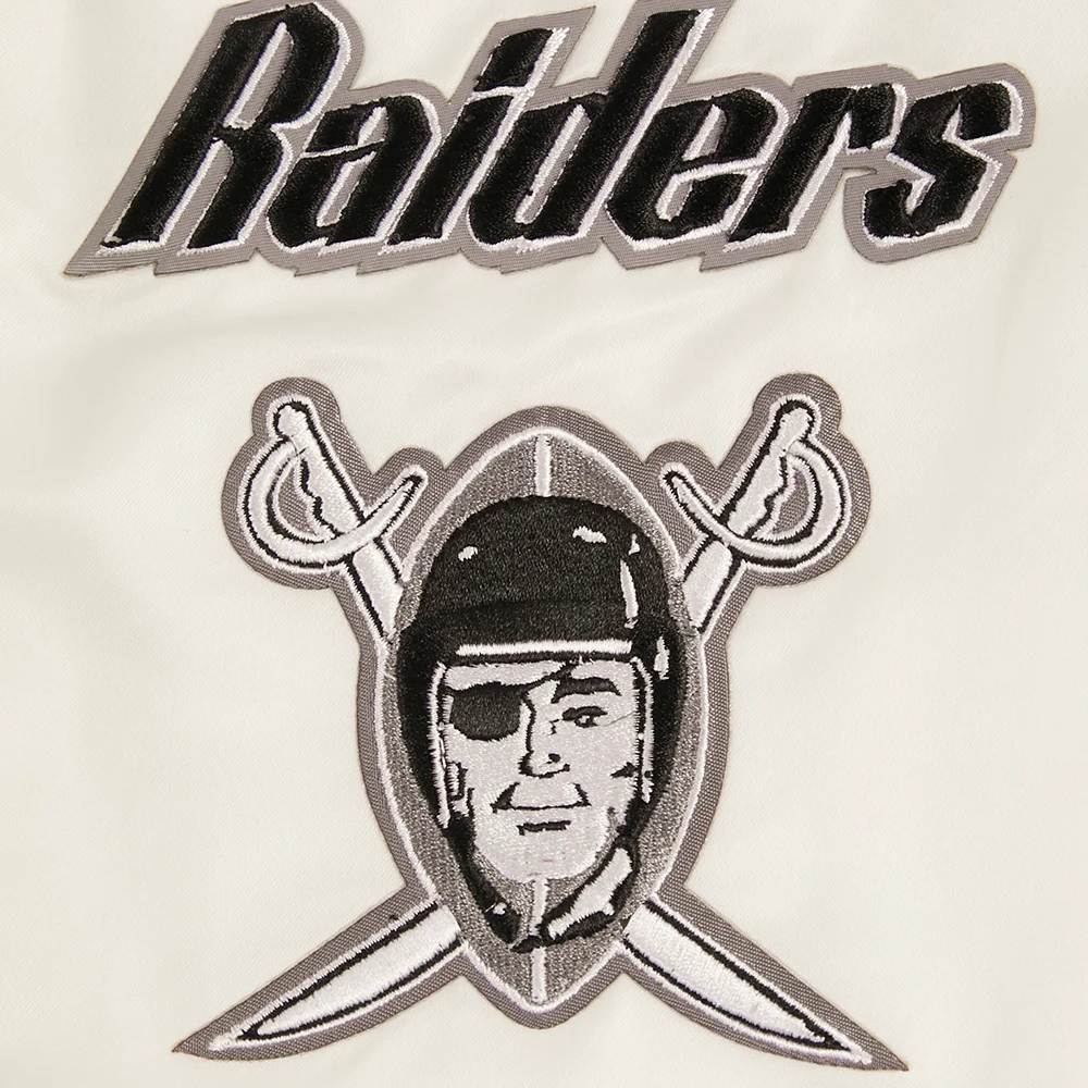 Las vegas raiders retro classic full snap satin varsity jacket white 1
