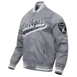 Las vegas raiders script tail full snap satin varsity jacket gray 5