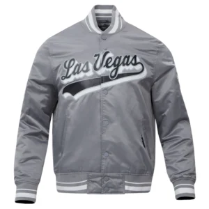 Las vegas raiders script tail full snap satin varsity jacket gray 6