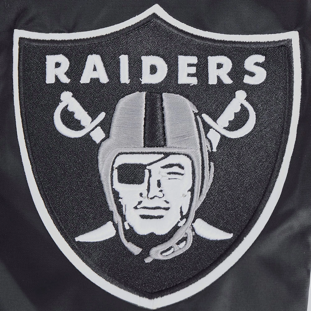 Las vegas raiders script tail ribbed knitted satin varsity jacket black 1