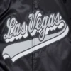 Las vegas raiders script tail ribbed knitted satin varsity jacket black