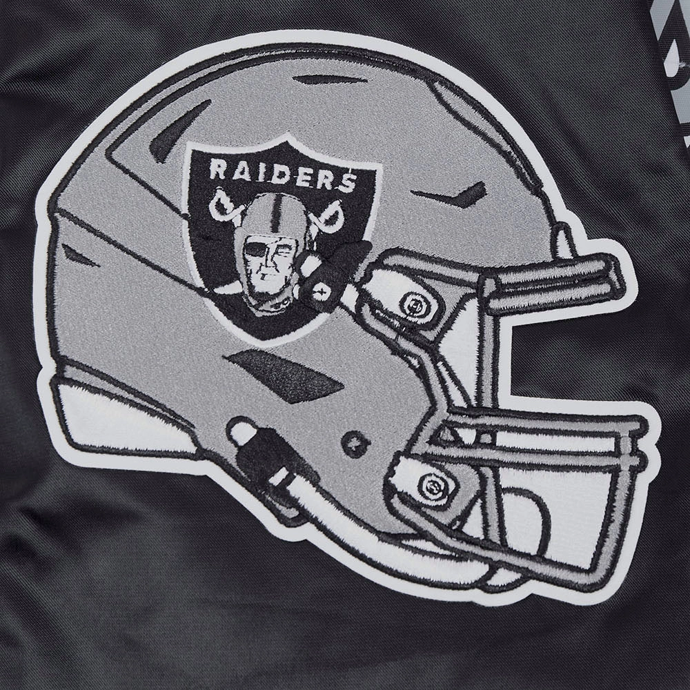 Las vegas raiders script tail ribbed knitted satin varsity jacket black 2