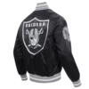 Las vegas raiders script tail ribbed knitted satin varsity jacket black 3