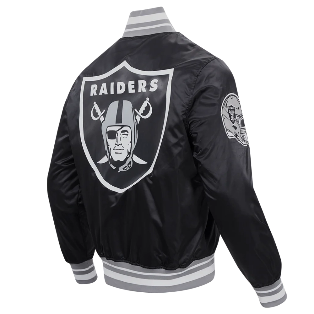 Las vegas raiders script tail ribbed knitted satin varsity jacket black 3