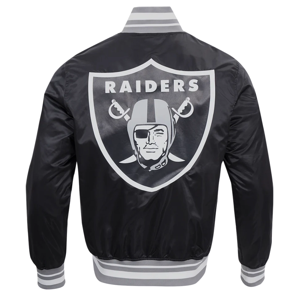 Las vegas raiders script tail ribbed knitted satin varsity jacket black 4