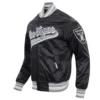 Las vegas raiders script tail ribbed knitted satin varsity jacket black 5