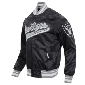 Las vegas raiders script tail ribbed knitted satin varsity jacket black 5