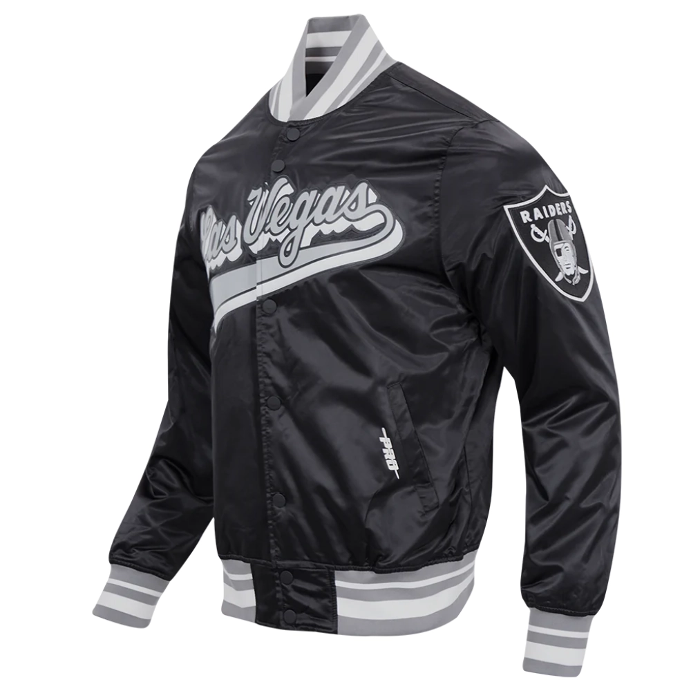Las vegas raiders script tail ribbed knitted satin varsity jacket black 5