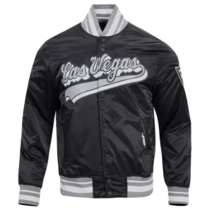 Las vegas raiders script tail ribbed knitted satin varsity jacket black 6