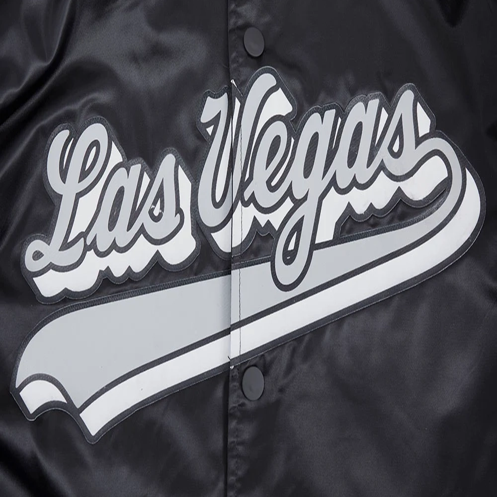Las vegas raiders script tail ribbed knitted satin varsity jacket black