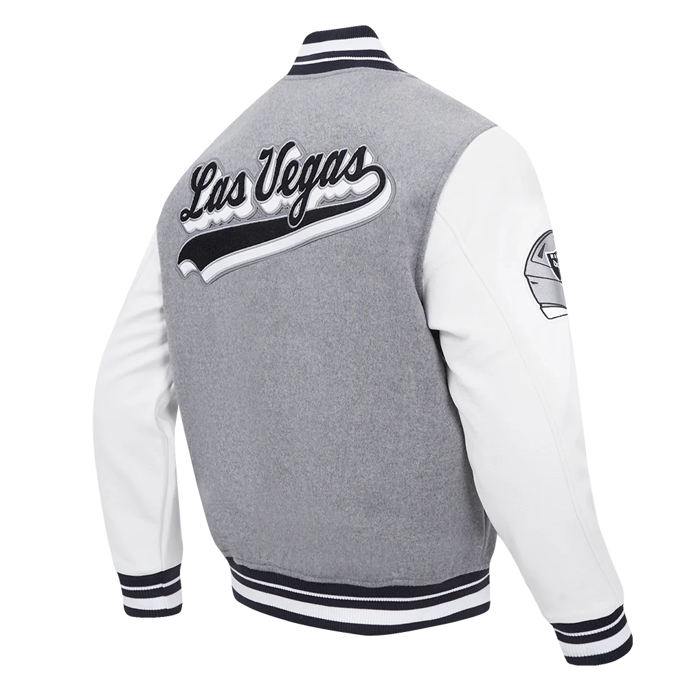 Las vegas raiders script tail wool leather varsity jacket grey white 3
