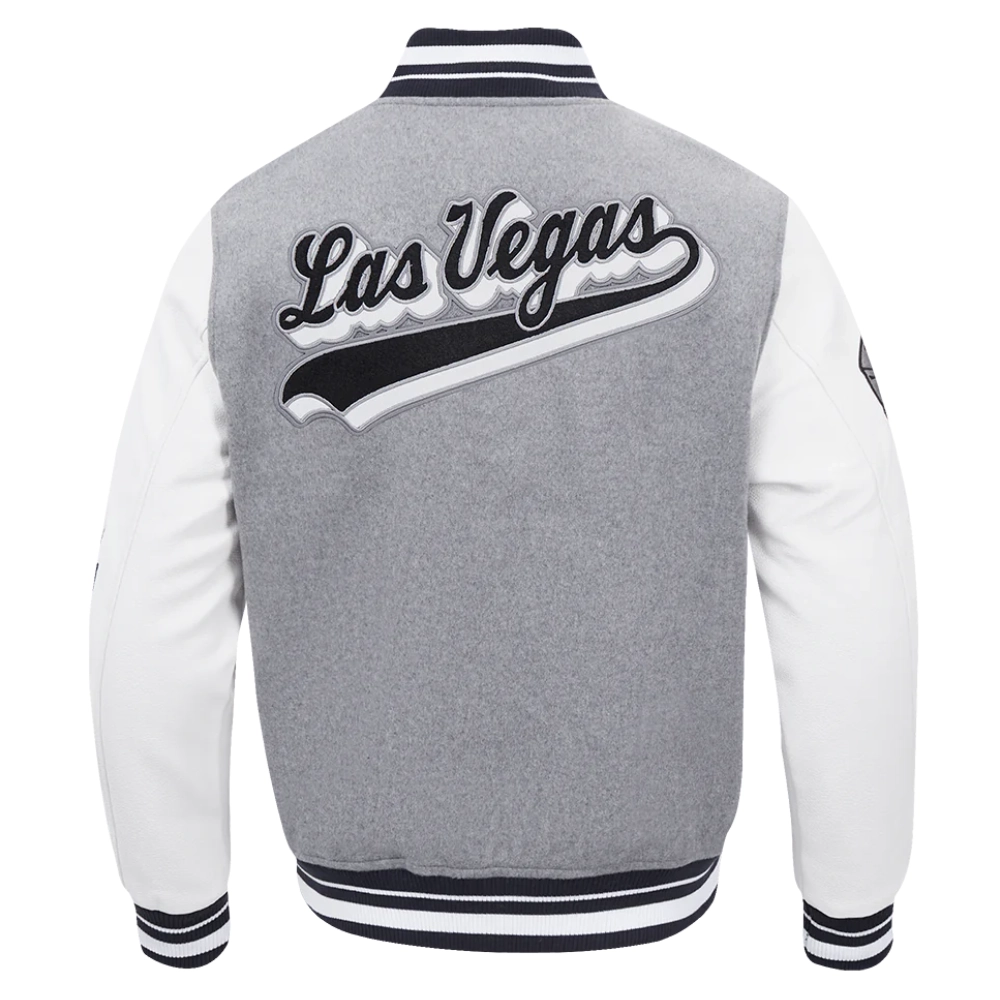 Las vegas raiders script tail wool leather varsity jacket grey white 4