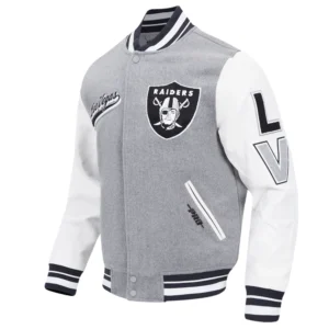 Las vegas raiders script tail wool leather varsity jacket grey white 5