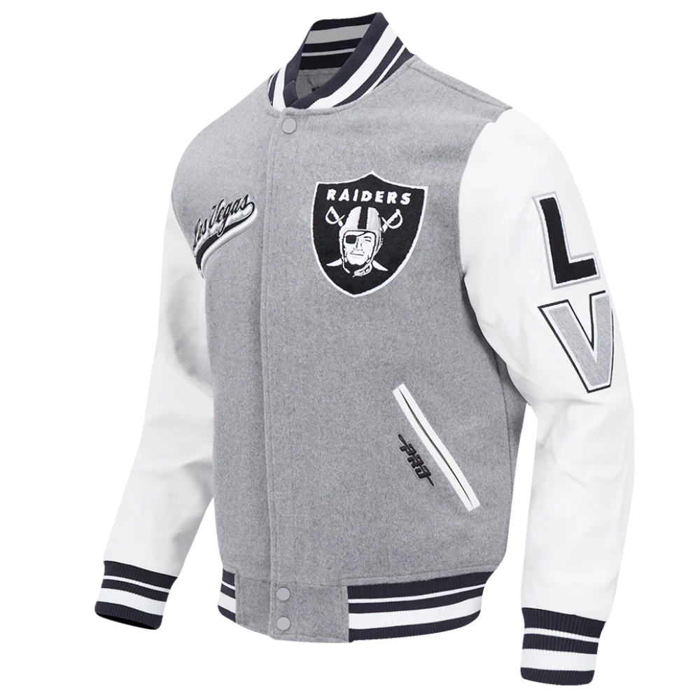 Las vegas raiders script tail wool leather varsity jacket grey white 5