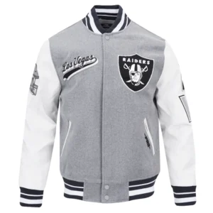 Las vegas raiders script tail wool leather varsity jacket grey white 6