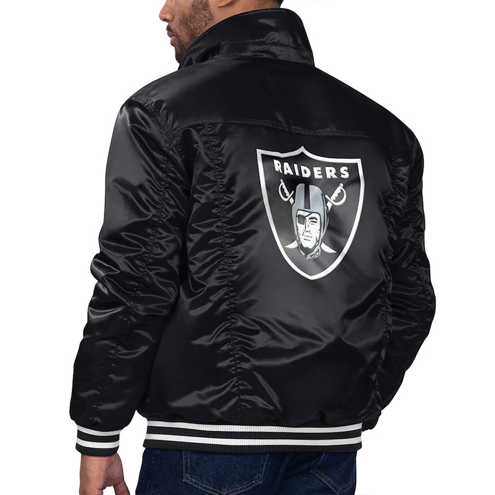 Las vegas raiders silver tab satin varsity trucker black jacket 1