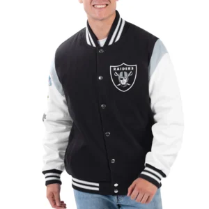 Las vegas raiders strike zone full snap wool leather varsity jacket 1