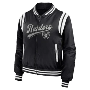 Las vegas raiders womens full zip bomber varsity jacket black 1 2