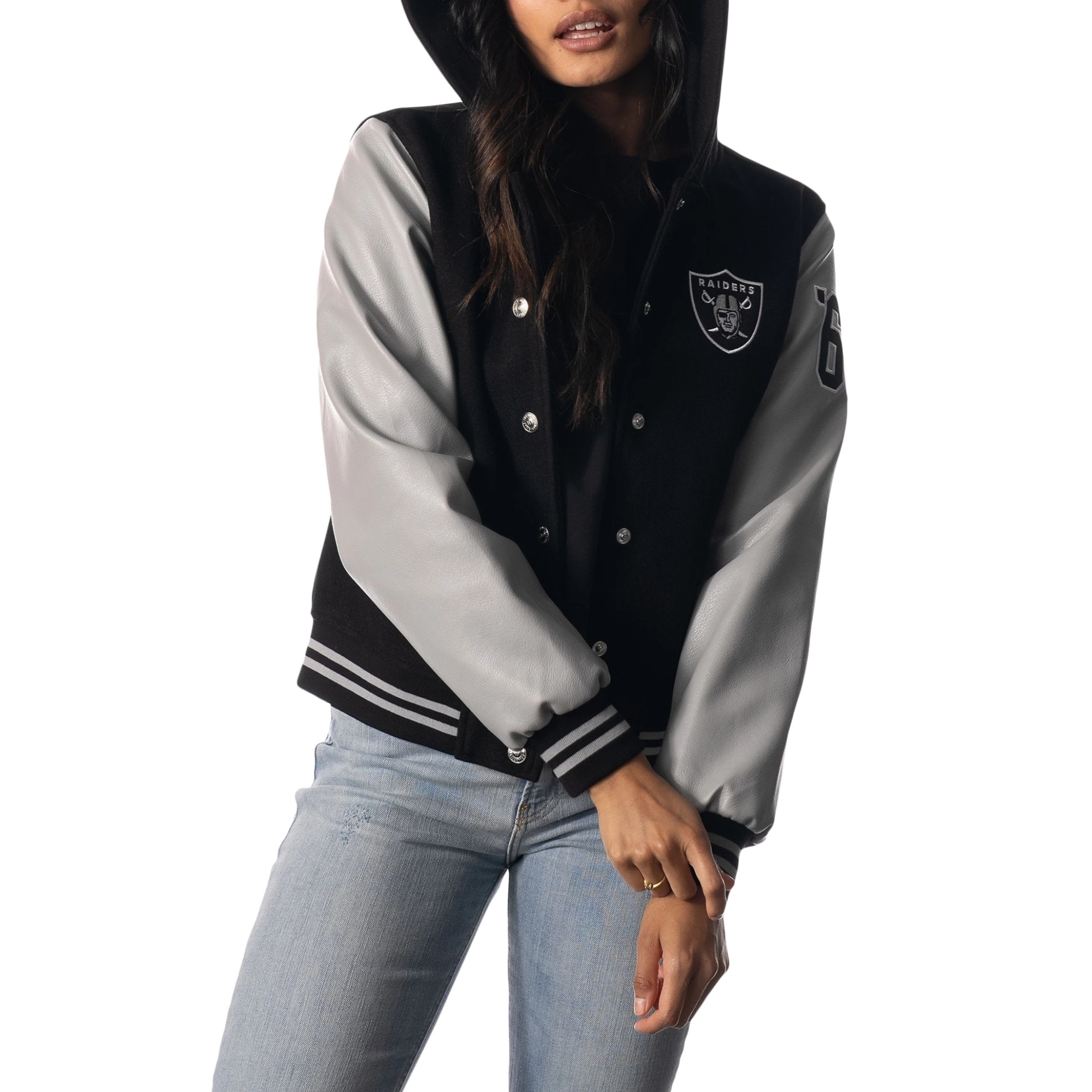 Las vegas raiders womens sailor full snap hooded varsity jacket black grey 1 1